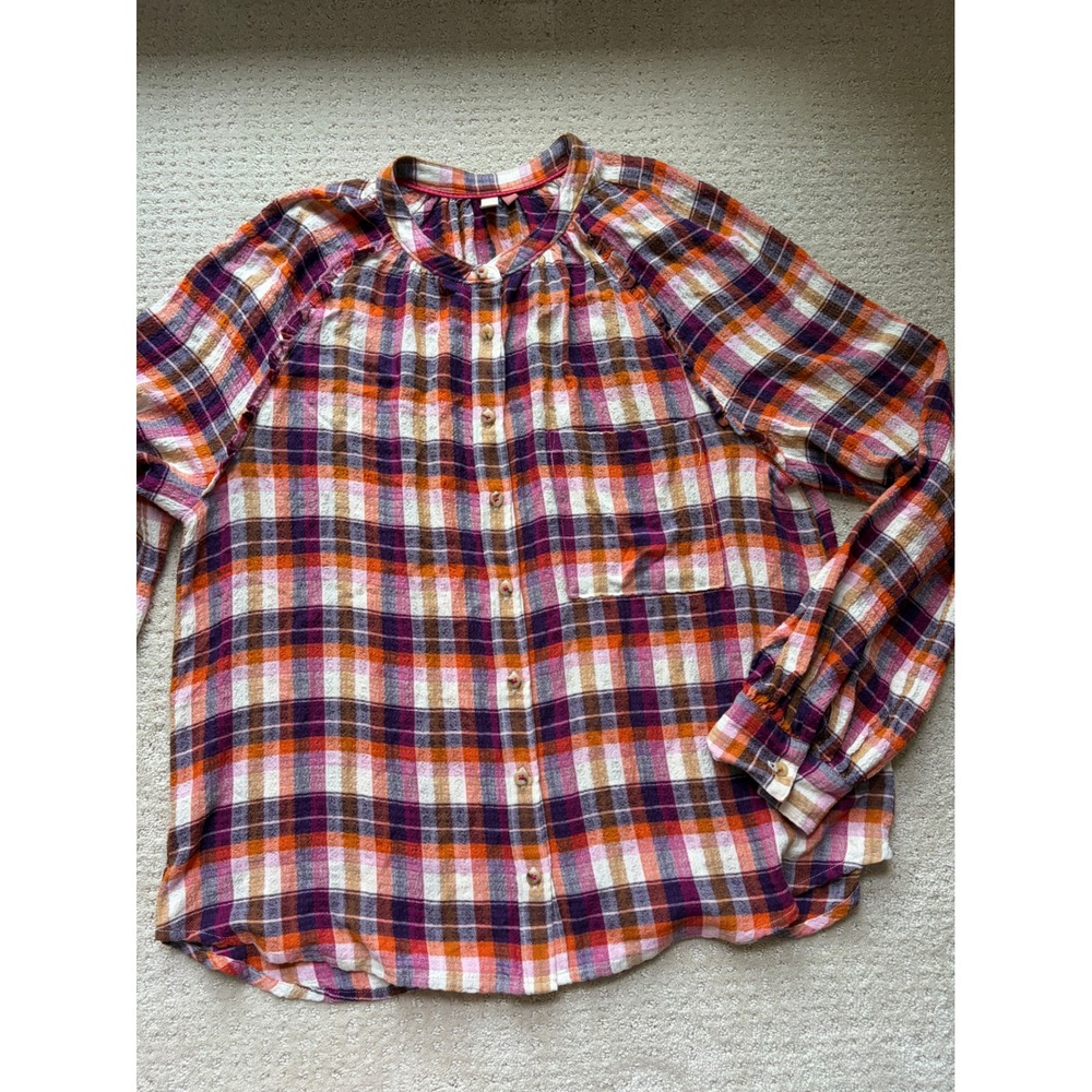 Pilcro Plaid Blouse XL Orange Purple Cozy Boxy Cabincore Eclectic Grandpa